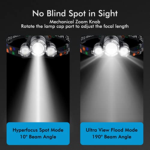 LED Headlamp Rechargeable, 6000 Lumens Super Bright Head Lamp, USB Rechargeable Headlight Flashlight with 3 LED Lights, 4 Modes, Zoomable, 90° Adjustable, Hiking, Hunting, Running, Fishing - color: Silver