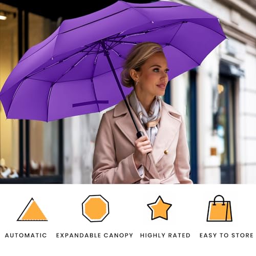 MRTLLOA Compact Golf Umbrella, 10 Ribs Vented Windproof Travel | 49/54/62 Inch Large Oversize, Double Canopy, Quick-Dry Fabric, Lightweight, Umbrellas for Rain - color: Purple, size: 62 Inch