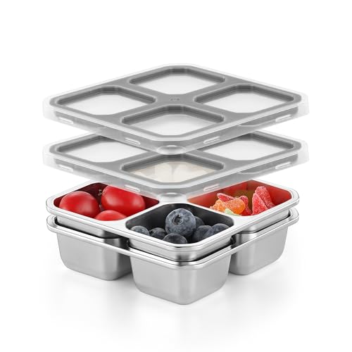 BEFOY 4-Pack Stainless Steel Snack Box, Leak-Proof Bento Lunch Container | Snackle alternative. 4 compartment divided. Meal prep, food storage. Kids, adults. Reusable, stackable. School, picnic travel - color: Gray, size: 2