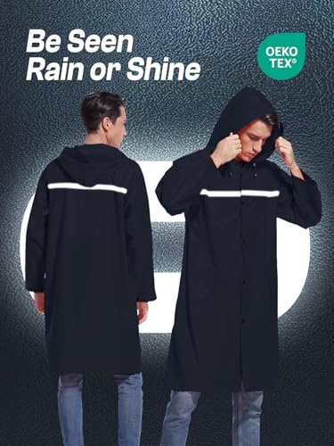 Mens Long Hooded Safety Rain Jacket Waterproof Emergency Raincoat Poncho - color: Navy, size: XX-Large