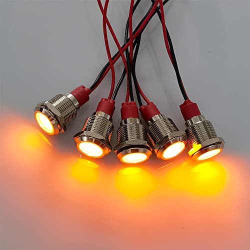 Gebildet 5pcs 12mm LED Metal Indicator Light AC/DC 12-24V Waterproof Signal Lamp Pilot Dash Directional with Wire(Yellow) - color: Yellow AC/DC 12-24V