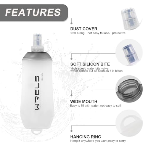 WRELS 200ml/350ml/500ml Collapsible Soft Flask,BPA Free Folding Soft Water Bottle with Hanging Ring,Lightweight TPU Hydration Flask for Running Marathon Cycling Hiking - color: Grey-200ml*2