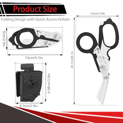 6-in-1 Multifunction Trauma Shears for emergency responders, outdoor emergencies, medical staff and outdoor camping, Foldable High-Strength Stainless Steel Scissors Tools With Utility Holster (Black) - color: Black