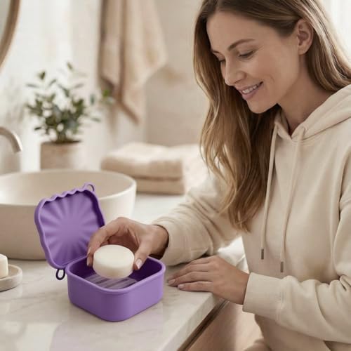 Silicone Travel Soap Case, Leak Proof Soap Dish Holder with Drainage, Shower Container for Kitsch Shampoo Bars & Standard Soaps Traveling Accessories for Gym Camping (Purple, Square) - color: Purple