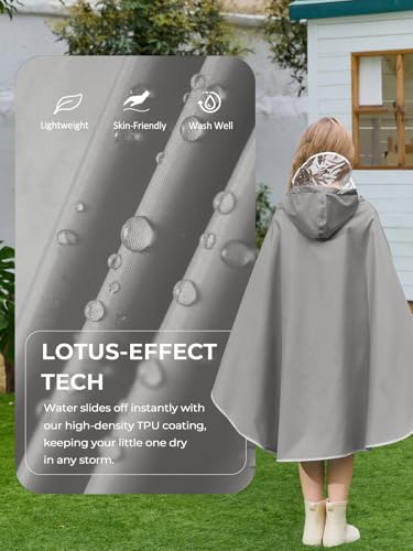Haloumoning Kids Hooded Rain Poncho Girls Waterproof Lightweight Reusable Raincoat Jacket 4-14 Years - color: Grey, size: 4-6 Years