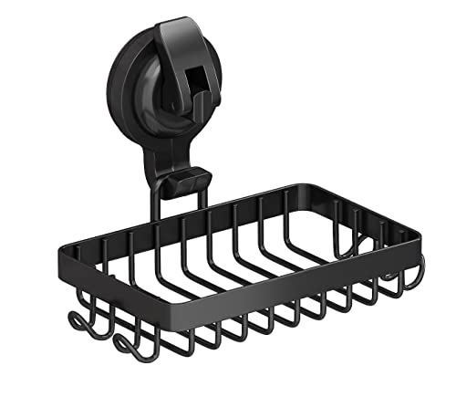 Soap Holder Shower, Suction Cup Soap Dish for Shower with 4 Hooks, 304 Stainless Steel, Black - color: Black