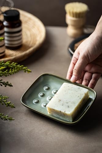 Miamolo Bar Soap Holder, Ceramic Soap Dish for Bathroom, Keep Soap Dry | Raised Ridges Extends Bar Life | Weighted Soap Tray, Non-Slip | for Kitchen Sink Bathtub Shower, Dishwasher Safe, Dark Green - color: Dark Green, size: Floating Point Design