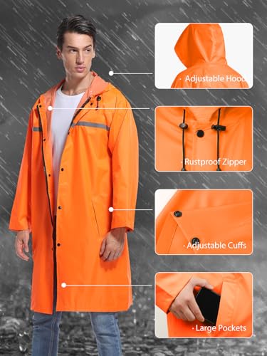 Mens Long Hooded Safety Rain Jacket Waterproof Emergency Raincoat Poncho - color: Orange, size: XX-Large
