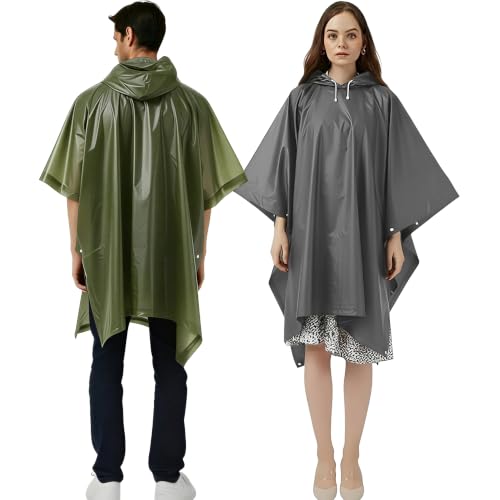 UPSEN Rain Ponchos for Adults, 2 Pcs Reusable Raincoats Coats Jackets Emergency for Women Men with Hood - color: 1 Grey+1 Green