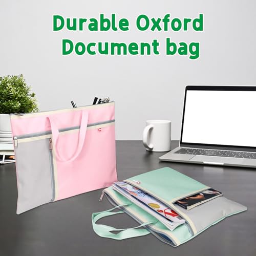 2Pcs A4 Waterproof Document Bag File Organizer, 3 Pockets Oxford Zipper Pouches for Organizing with Handle, Notary Bag for Paper Books Project Tote Bag, Green and Pink
