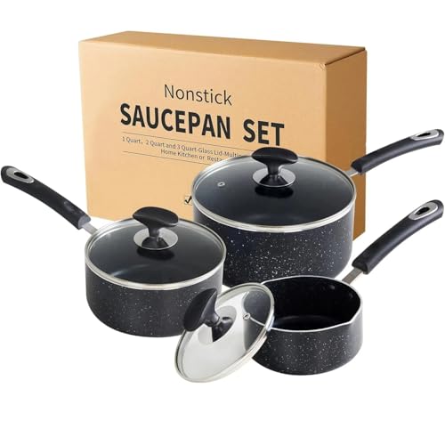 Nonstick Saucepan Set - 3-Pieces Pot Set 1 Quart & 2 Quart & 3 Quart,Ultra Non Stick Sauce Pan Small Pot with Glass Lid,Great for Home Kitchen Restaurant,Black - size: 1+2+3 sets
