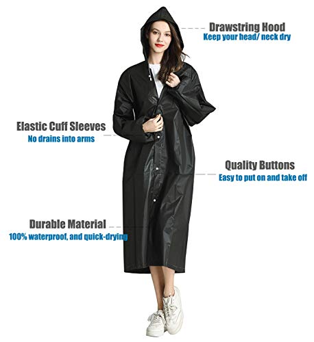 HLKZONE Raincoat, 2 Pack Rain Ponchos for Adults Travel Rain Jacket Packable Rain Coats for Women with Drawstring Hood - color: B-black