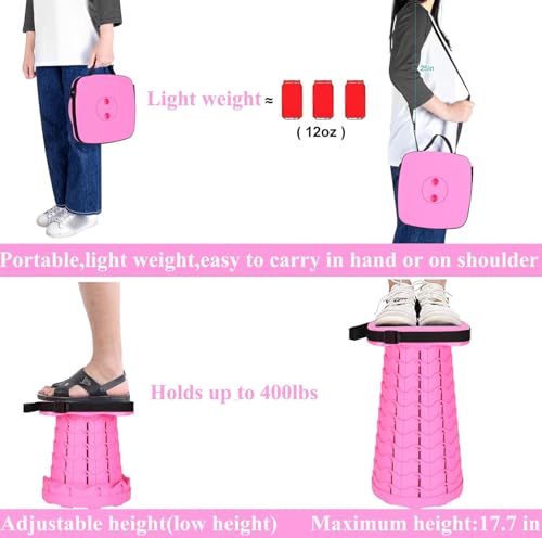 Fishboy Upgraded Collapsible Stool, 400lbs Max Weight, Lightweight But Sturdy, Portable Retractable Folding Telescoping Foldable Camping Stool for Adults Outdoor Fishing Hiking BBQ - color: All Girl Pink, size: 1 Pack