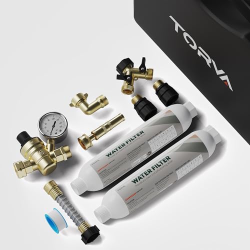 TORVA Water Hoses & Fittings for Camping All in One Fresh Water Kit - BPA Free, Includes RV Water Filter Cartridge, Hose Splitter, and Connectors - Essential RV Accessories for Outside Camper