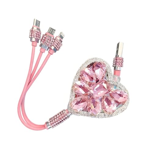 3-in-1 Car Retractable Multi Charging Cable, Rhinestone Heart Data Sync & Fast Charger with Lightning/Micro/Type-C USB Connectors for Most Phones (Pink) - color: Pink