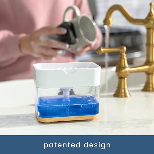 S&T INC. Dish Soap Dispenser and Sponge Holder, Plastic Bamboo and White - color: White and Bamboo