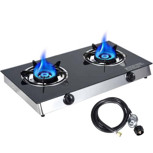BESTFIRE 2-Burner Propane Gas Cooktop, 30,000 BTU Portable Tempered Glass Stove with Auto-Ignition, CSA Certified Regulator & Hose, Double Burner Stove for Camping, RV & Patio
