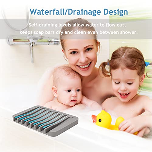 4PCS Self Draining Soap Holder, Premium Silicone Soap Dish, Waterfall Drainer Soap Saver for Bathroom, Kitchen, Bath Tub, Extend Soap Life, Keep Soap Bars Dry Easy Clean (Grey & Teal) - color: Grey & Teal