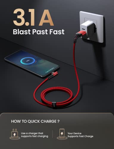 AINOPE USB C Cord 3.1A Fast Charge, [2-Pack, 6.6ft] Type C Charging Cable Right Angle, Resistant Nylon Braided USB-A to USB-C Charge Compatible Galaxy S10 S9 S8 Plus S21, V30,V20,G6, Type C Charger - color: Black+Red, size: 6.6FT+6.6FT