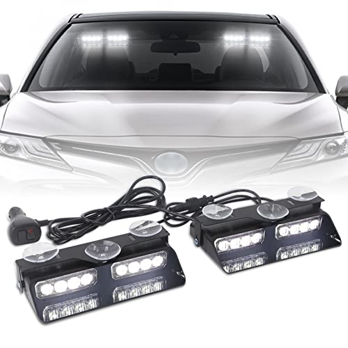 XRIDONSEN White 2 in 1 Dash Emergency Strobe Lights Front/Rear Windshield Lights Warning Safety Flashing w/Suction Cups for Volunteer Vehicles, Trucks（White - color: White