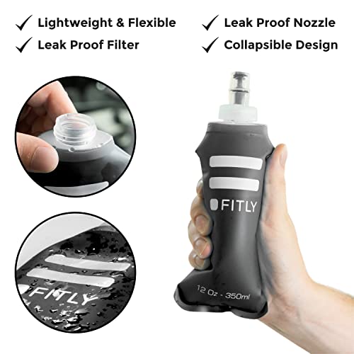 FITLY Soft Flask - Shrink As You Drink Soft Water Bottle for Hydration Pack - Folding Water Bottle Ideal for Running, Hiking, Cycling, Climbing & Rigorous Activity - color: Black, size: 12 Ounces