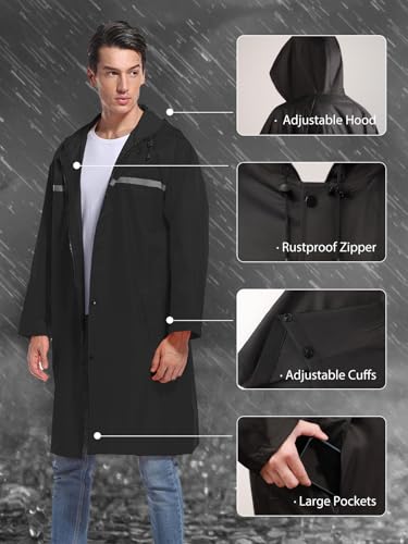 Mens Long Hooded Safety Rain Jacket Waterproof Emergency Raincoat Poncho - color: Black, size: X-Large