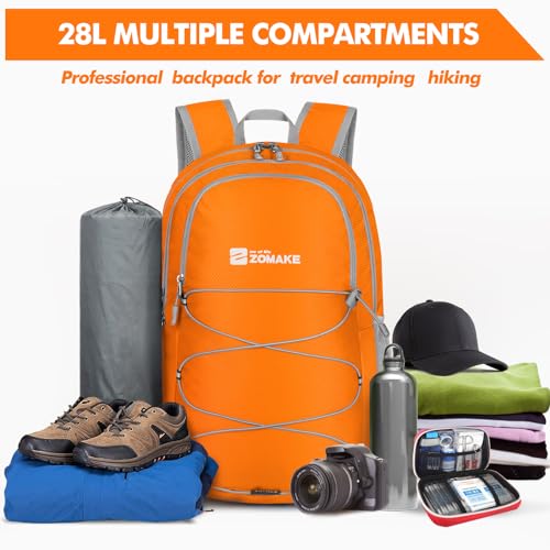 ZOMAKE Lightweight Packable Backpack, Water Resistant Foldable Daypack 28L - color: Orange, size: 28L