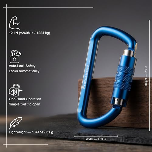 FresKaro 3inch 12kN-2698lbs Auto Locking Carabiner Clips, Solid D Shape, Heavy Duty 7075 Aluminum, Lightweight 1.09oz, Rust Proof, for Hammock, Hiking, Dog Leash, Keychain etc., Multi-Colors - color: Blue-3pcs