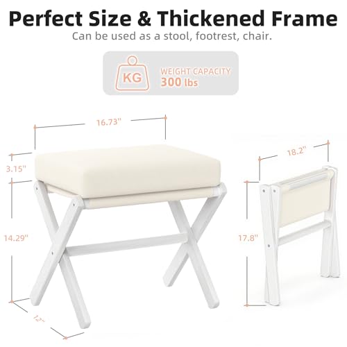 BAMBOOHOMIE Foldable Foot Stool Ottoman, Modern Foot Rest with Bamboo X Legs & Thick Foam Cushion, Folding Foot Stools Small Padded for Bedroom Living Room, Footstool for Chair Couch (White - White) - color: White - White