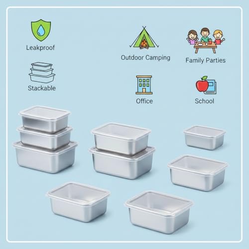 7pcs Stainless Steel Food Storage Containers with Flip-Top Lids, Leakproof & Stackable for Outdoor Camping, Family Gatherings, Office & School