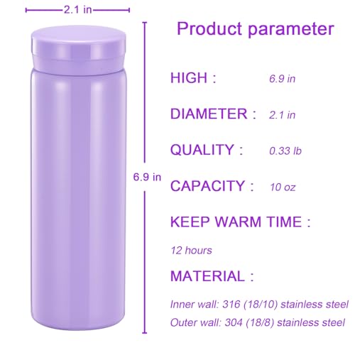 10oz Mini Water Bottle Stainless Steel Thermos Small Flask - Insulated Vacuum, Leak Proof, Keeps Drinks Hot/Cold - Ideal for Coffee, Tea, Water - Purple - color: Purple, size: 9.5 Ounces