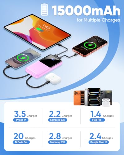 CFIAI Portable Charger 15000mAh Slim Power Bank with Built in Cables | 22.5W Fast Charge, Travel Essential, 50% Larger Capacity USB C Battery Pack for iPhone Samsung Android, Lavender - color: Lavender