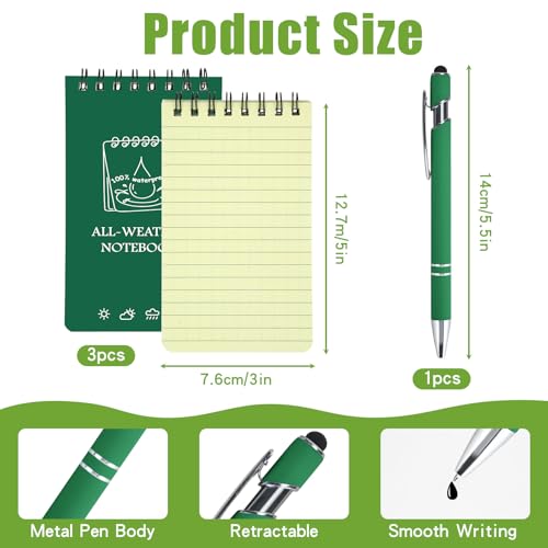 Waterproof Pocket Notebooks with Pens, 3x5 Mini Notepad All Weather Top-Spiral Memo Police Notebook Steno Note Pads for Outdoor Office School (3, Green) - color: Green