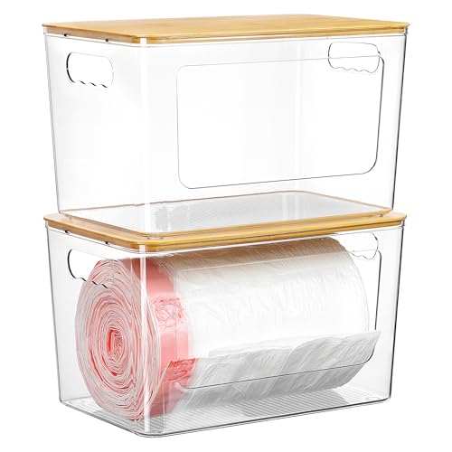 Vtopmart 2 Pack Trash Bag Holder with Bamboo Lid, Garbage Bag Dispenser | Stackable Trash Bag Organizer for 13/30/33 Gallon Bags, Clear Organizer Bins for Under Sink, Laundry Room Organization - size: 2 Pack with Bamboo Lid