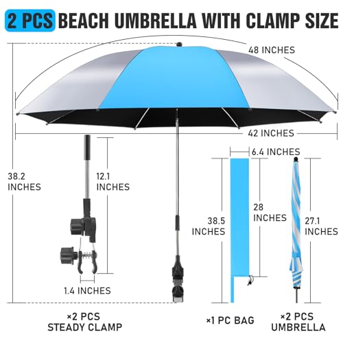 2 Pack Beach Umbrella with 360 Universal Clamp, UPF50+ Umbrella Outdoor Patio Sun Protection for Chairs, Beach &Patio Use (Not Include Chair) - color: Sky Blue/Silvery
