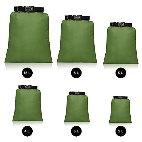 Shappy 6/12 Pcs Waterproof Dry Bags, Lightweight Outdoor Waterproof Dry Stuff Sacks 15/8/5/4/3/2 L and Long Adjustable Shoulder Strap for Kayaking Rafting Boating Hiking Camping - color: Army Green