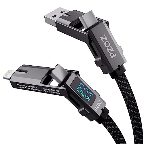 pzoz 4-in-1 Multi Charging Cable with LED Display, One Cable for USB-C & Lightning Devices, 60W Fast Charging Cord, USB A/C to USB C/Lightning for iPhone 17/16/15, iPad, MacBook, Samsung(5 ft) - style: 60W