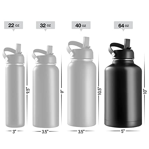 Stainless Steel Insulated Water Bottle and Travel Mug for Hot and Cold Beverages, Wide Mouth, Double Wall Insulated Hydration Sports Water Bottle for Hiking, Biking, Outdoor, 64 OZ BPA Free - color: Midnight Black, size: 64 Ounces