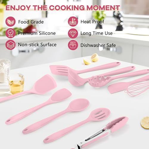 TeamFar Silicone Cooking Utensils, 10 pcs Kitchen Cooking Utensils Set | Heat Resistant Kitchen Gadgets Tools Set w/Spatula, Turners, Spoons, Soup Ladle, Pasta Server for Nonstick Cookware, Pink - color: Pink