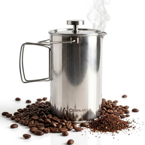 Coghlan's Stainless Steel French Press Coffee Maker – 4-Cup (32 oz), Campfire & Stovetop Safe, Portable & Durable – Fine Mesh Filter, Folding Handle, Dishwasher Safe – For Camping, Home, or Travel