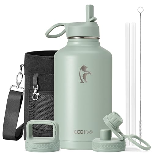 Coolflask Half Gallon Water Bottle Insulated with Straw & 3 Leakproof Lids - color: Grey Green, size: 64 Ounces
