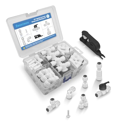 51Pcs 1/4" Quick Connect Water Line Fittings Kit, Push to Connect Fittings (Ball Valve, Check Valve, T, L, Y, I & Professional Tubing Cutter) for RO/DI, Refrigerator, Ice Maker