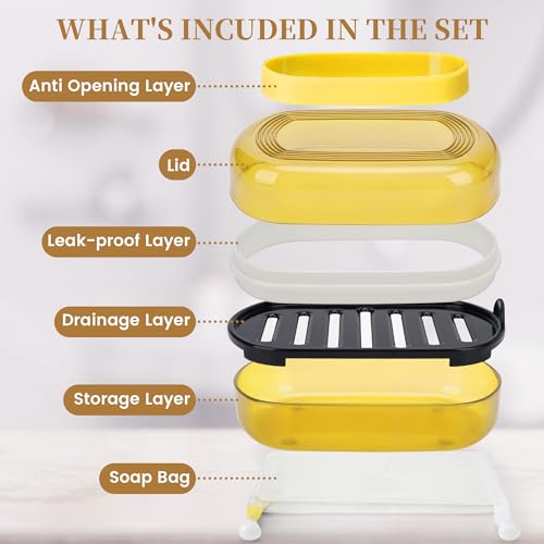 Leakproof Travel Soap Case with Lid | Draining Soap Bar Holder & Dish with Silicone Strap | Includes Mesh Soap Bag | for Shower, Bathroom, Camping, Gym (Lemon Yellow) - color: Lemon Yellow Style a