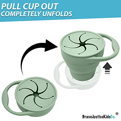BraveJusticeKidsCo | Snack Attack Snack Cup | Collapsible Silicone Snack Container | Toddler and Baby Catcher Lid (Mint Green) - color: Mint Green