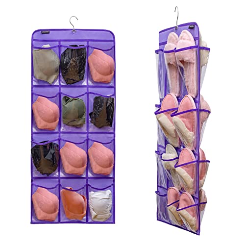 Dual Sided Hanging Shoe Organizer for Closet with Rotating Hanger Hanging Shoe Rack Holder with 24 Large Pockets (Purple-Clear Pockets) - color: PURPLE