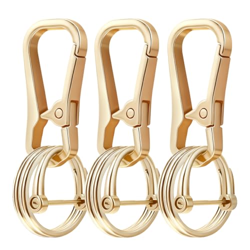 Metal Key Chain Carabiner Clip with Key Ring and D Ring | Heavy duty build, full accessory packs, quick release, multi purpose hook, belt loop holder, separate home and car fob sets - color: 3 Pcs Gold