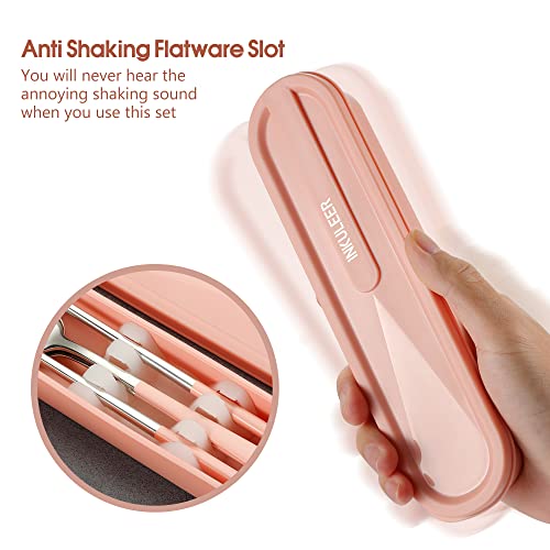 iNKULEER Travel cutlery set, 18/8 stainless steel cutlery, Reusable utensils set with case, Portable Silverware Lunch Box for Camping and Office (Pink) - color: Pink