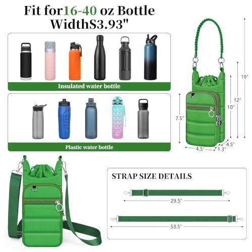 bvya Puffer Water Bottle Holder Quilted Sports Pouch Bag with Adjustable Shoulder Strap & Paracord Handle - color: Dark-green