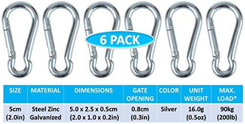 Black & Silver Zinc-Galvanized Heavy Duty Bushcraft Carabiner Spring Snap Clip Link Hooks 200-500lb Load 2, 6 & 12 Packs - color: 5cm (2.0in) Silver 6 Pack