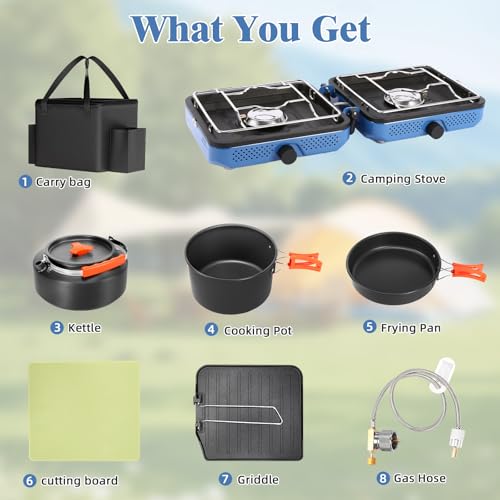Hisencn 2 Burner Propane Camping Stove, 30000 BTU Foldable Portable Gas Stove with Cookware Set & Carry Bag, Outdoor Cooking for Camping, RV, Emergency Use, Blue - color: navy blue